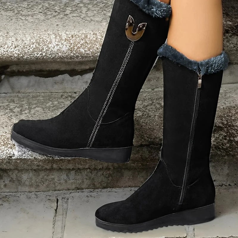Faux Suede Mid-Calf Boots with Fur Lining | Warm & Elegant | Side-Zip Design