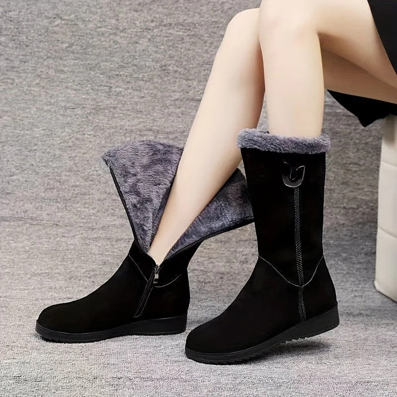 Faux Suede Mid-Calf Boots with Fur Lining | Warm & Elegant | Side-Zip Design
