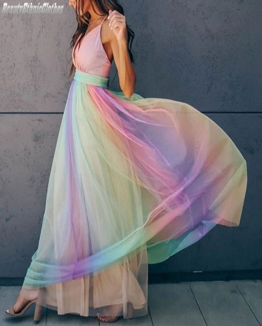 Rainbow Tulle Maxi Dress | Spaghetti Straps | Gradient Party Gown