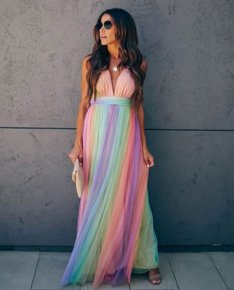 Rainbow Tulle Maxi Dress | Spaghetti Straps | Gradient Party Gown