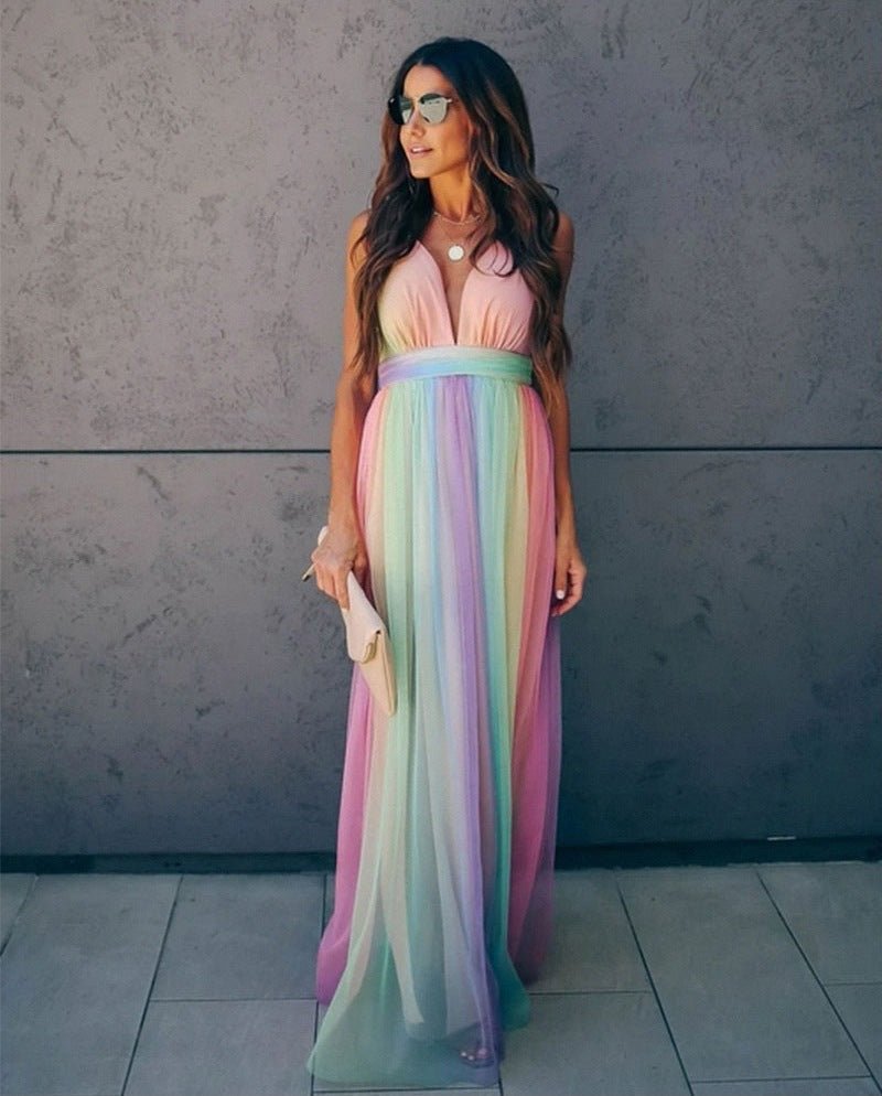 Rainbow Tulle Maxi Dress | Spaghetti Straps | Gradient Party Gown
