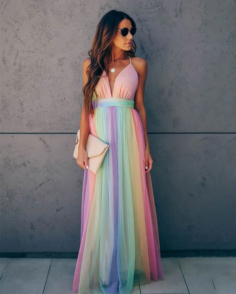 Rainbow Tulle Maxi Dress | Spaghetti Straps | Gradient Party Gown