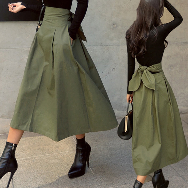 Women’s High-Waisted A-Line Midi Skirt | Olive Green Flowy Silhouette | Fall Layering Essential