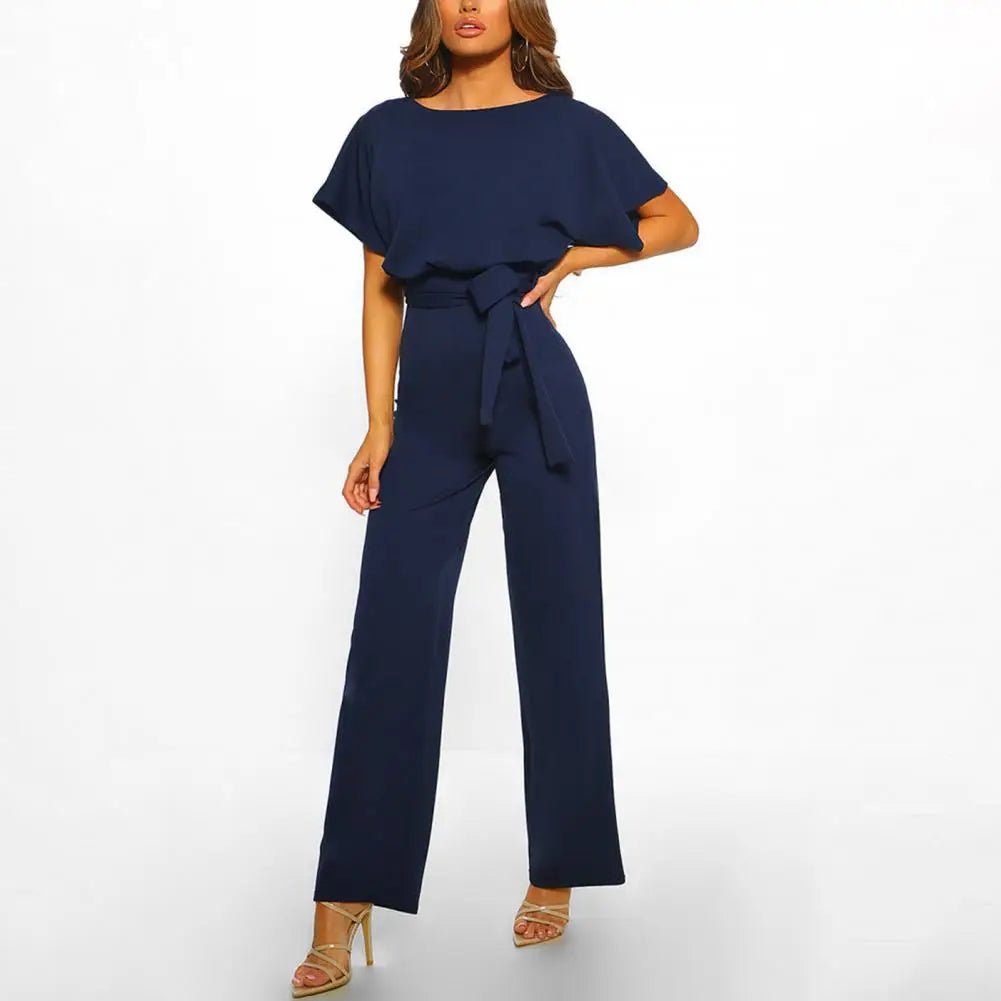 Short Sleeve Belted Jumpsuit | Wide Leg | Draped Crew Neck