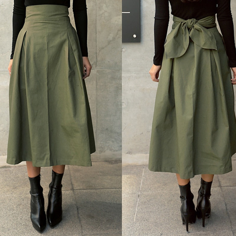 Women’s High-Waisted A-Line Midi Skirt | Olive Green Flowy Silhouette | Fall Layering Essential