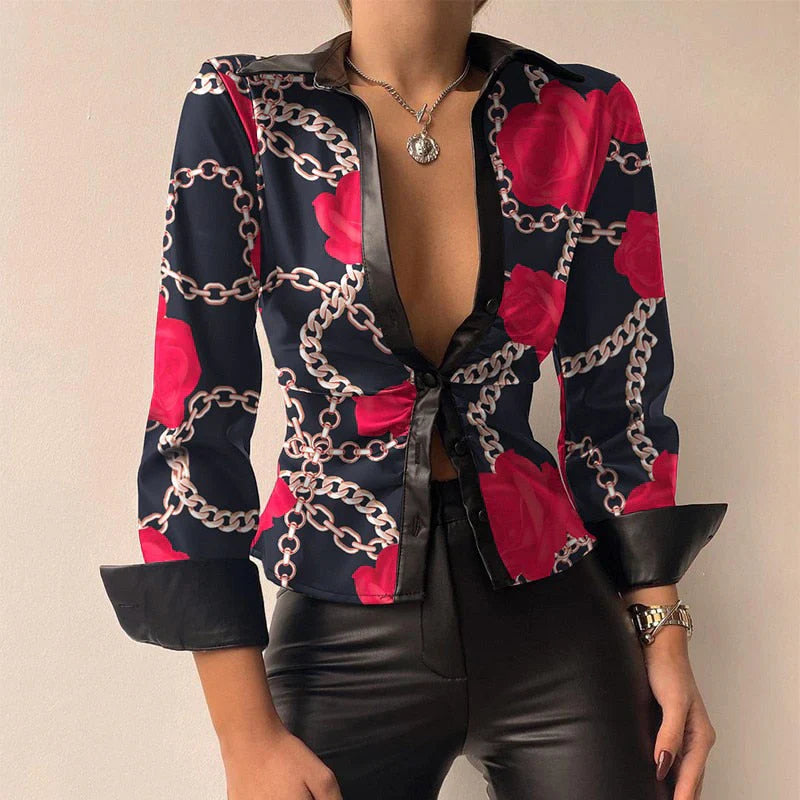Vegan Leather Tie-Front Blouse | Deep V-Neck | Tailored with Flared Hem