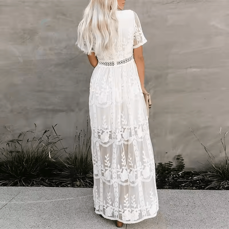 Boho Lace Maxi Dress | Deep V-Neck with Sheer Overlay | Elegant Summer Occasionwear