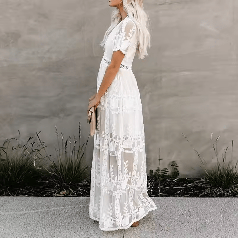 Boho Lace Maxi Dress | Deep V-Neck with Sheer Overlay | Elegant Summer Occasionwear