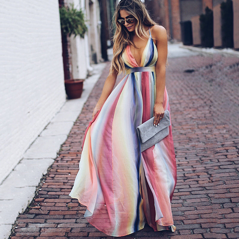 Women's Multicolour Strappy Maxi Dress | Flowy Summer Sundress | Lightweight Vacation Wear