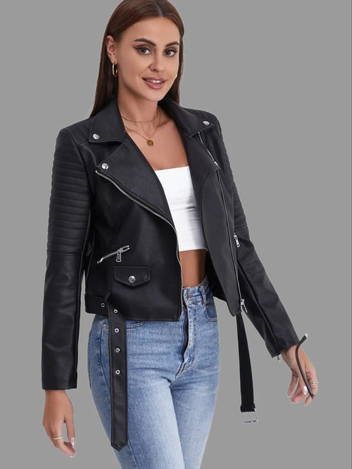 Women's Biker Jacket | Classic Black PU Leather | Asymmetrical Zipper | Edgy Streetwear