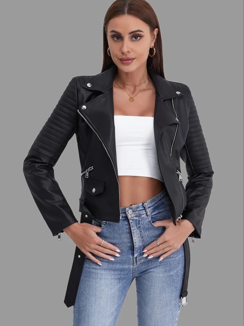 Women's Biker Jacket | Classic Black PU Leather | Asymmetrical Zipper | Edgy Streetwear
