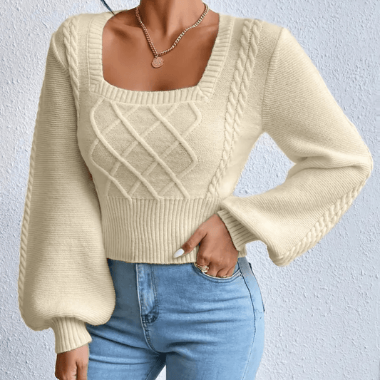 Elegant Knit Sweater | Square Neck & Balloon Sleeves | Soft Ribbed Fabric | Chic Casual Wear