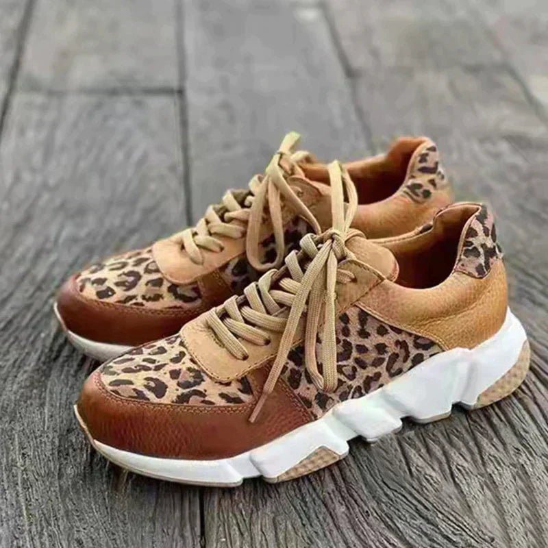 Leopard Print Chunky Sneakers | Mixed Material Lace-Ups with Cushioned Sole