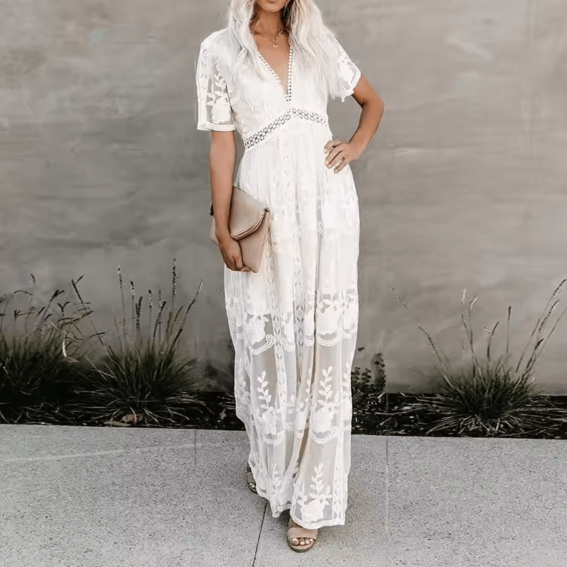 Boho Lace Maxi Dress | Deep V-Neck with Sheer Overlay | Elegant Summer Occasionwear