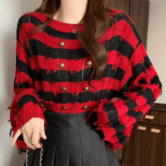 Chic Striped Knit Sweater | Textured Fringe Detail | Gold Button Accents | Fall & Winter