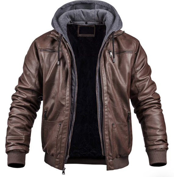 Men’s Faux Leather Jacket with Fleece Hoodie Insert | Dual-Layer Streetwear | Fall-Winter Outerwear