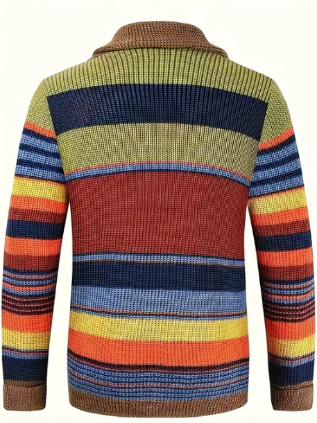 Men’s Multicolour Knit Cardigan | Retro Striped Button-Up Sweater | Fall Layering Essential