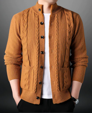 Men’s Cable Knit Button-Up Cardigan | Midweight Texture | Shawl Collar Layer