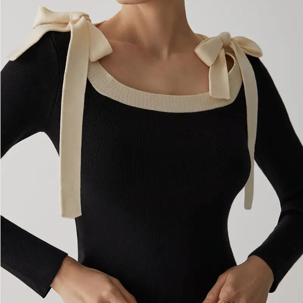 Elegant Bow-Shoulder Knit Top | Chic Contrast Trim | Soft Stretch Fabric | Feminine Style