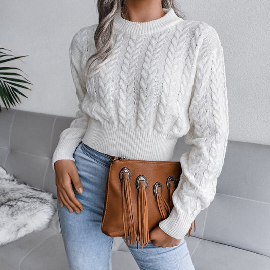 Cropped Cable-Knit Sweater | Crew Neck | Soft and Stylish