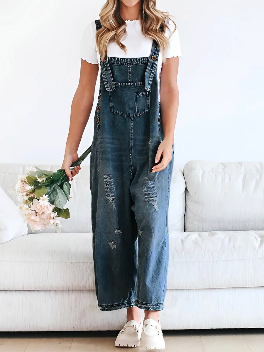 Distressed Denim Overalls | Loose Fit with Cuffed Hem | Casual Layering Staple