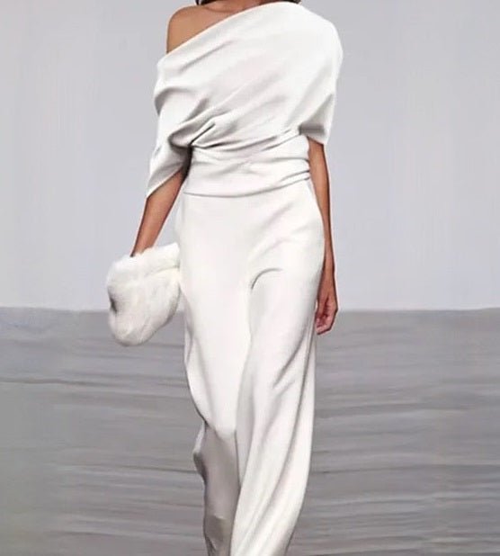 Off-Shoulder Wide-Leg Jumpsuit | Draped Bodice | Elegant Evening Silhouette