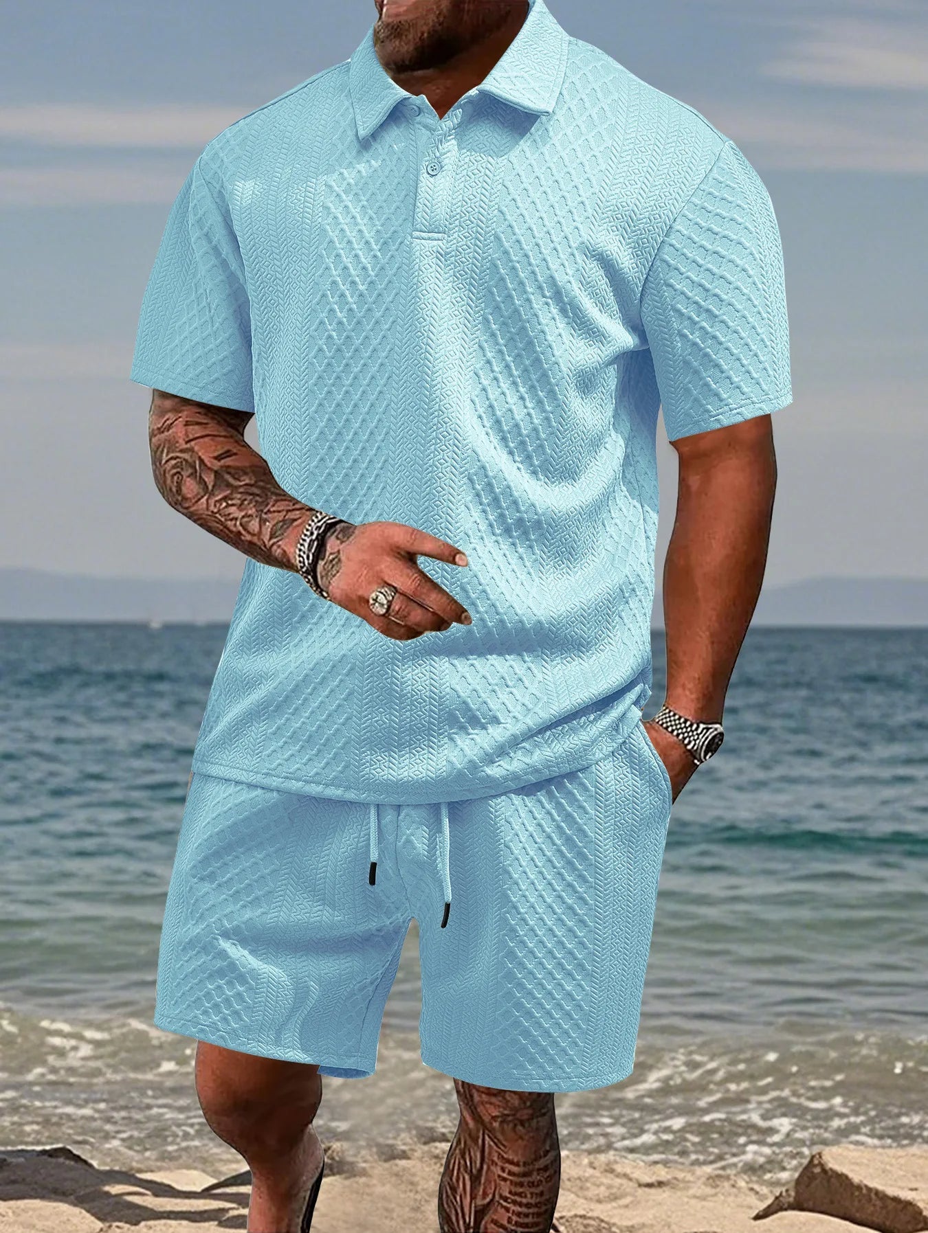 Men’s Lightweight Jacquard Polo & Shorts Set | Summer Co-Ord | Breathable Stretch Knit