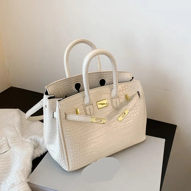 Women’s Croc-Embossed Structured Handbag | Gold Hardware Mini Tote | Elegant Top Handle Purse