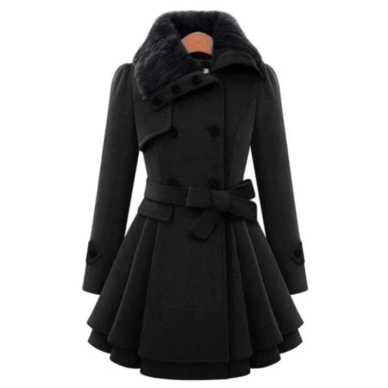 Fit-and-Flare Double-Breasted Coat | Faux Fur Collar | Elegant Winter Style | Belted Design
