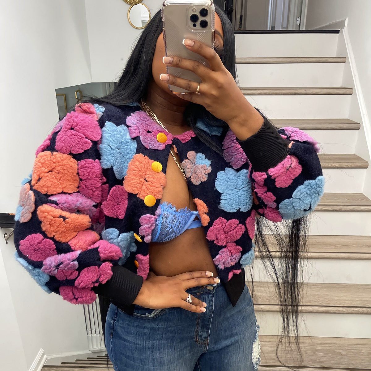 Bold 3D Floral Patchwork Jacket | Statement Piece | Polyester Blend | Trendy Streetwear