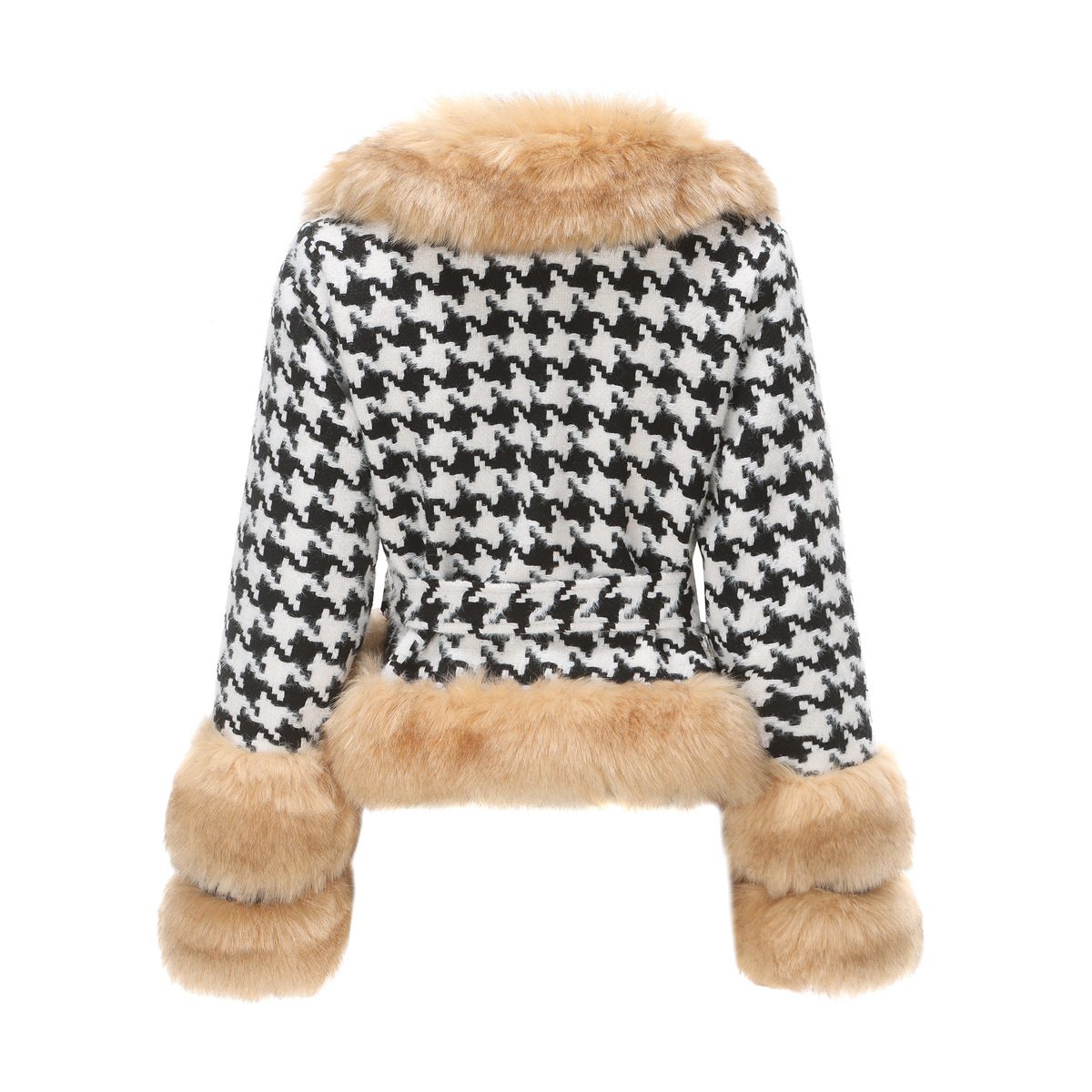 Chic Houndstooth Jacket | Faux Fur Trim | Belted Waist | Statement Outerwear Statement Piece