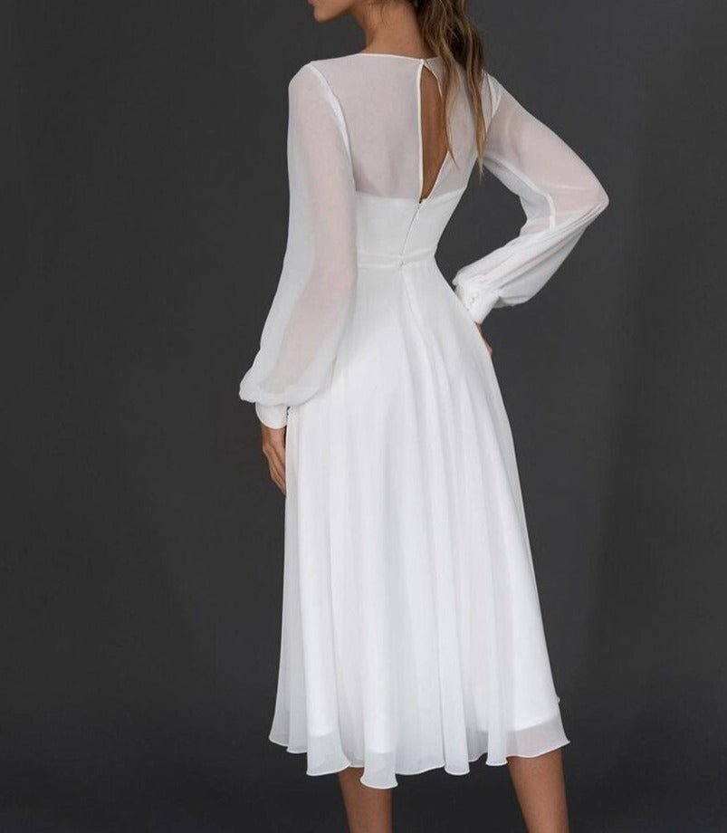 Long-Sleeve Chiffon Midi Dress | Elegant Flowing Design | White