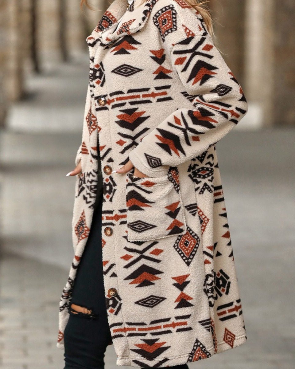 Boho-Inspired Long Coat | Eye-Catching Tribal Print | Soft Fabric Blend | Fall & Winter Statement Piece