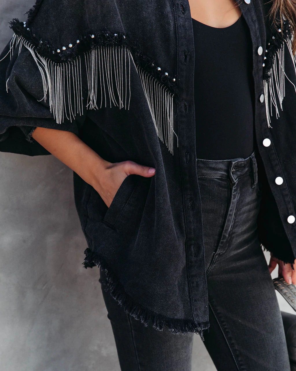 Women's Black Denim Jacket with Fringe | Edgy & Trendy | Button-Up | Casual Street Style