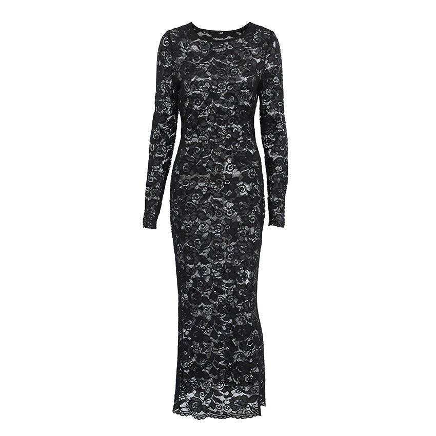 Black Lace Maxi Dress | Long Sleeve | Elegant Semi-Sheer Design