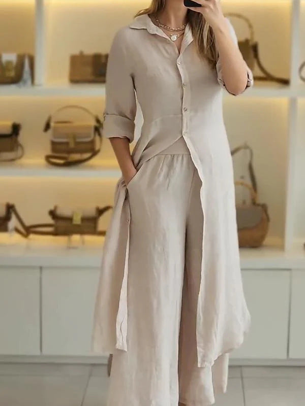 Linen-Blend Button-Front Set | Flowy Shirt Dress & Wide-Leg Pants Combo