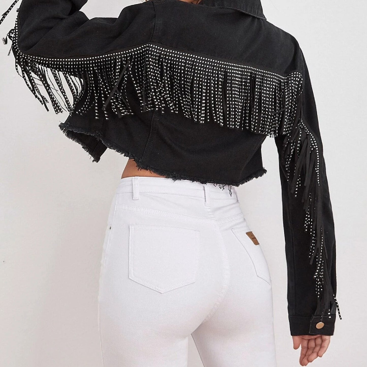 Cropped Fringe Denim Jacket | Edgy Western Style | Cotton Blend | Casual Outings