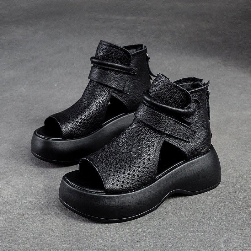 Perforated Leather Platform Sandals | Supportive Sole with Zip Closure