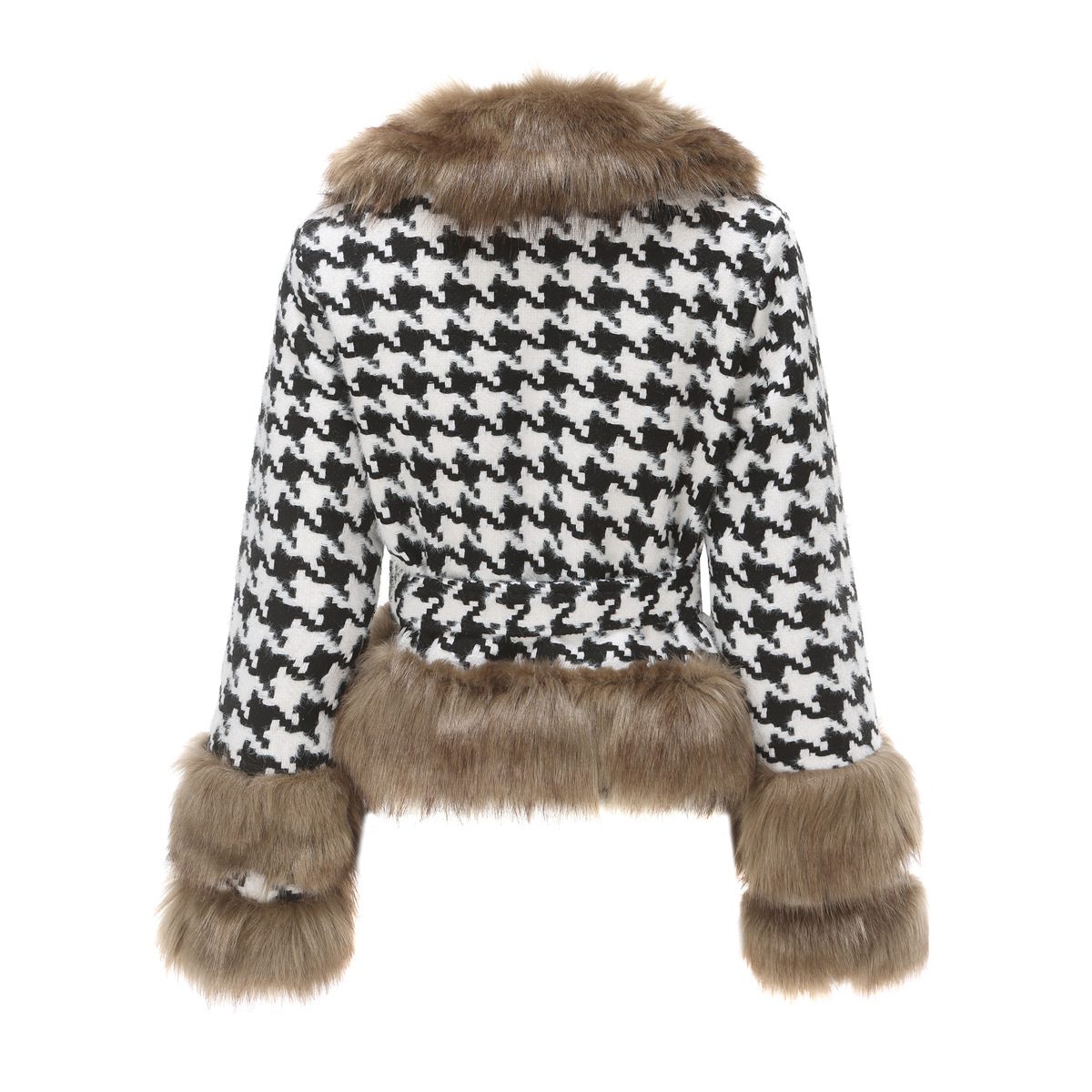 Chic Houndstooth Jacket | Faux Fur Trim | Belted Waist | Statement Outerwear Statement Piece