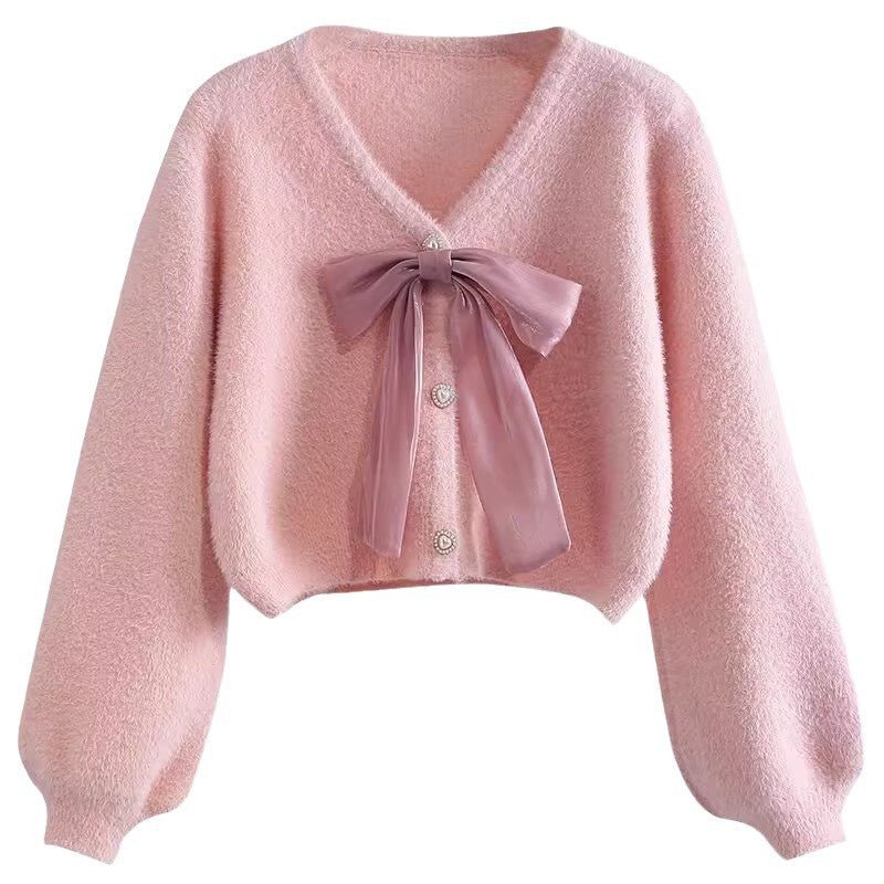 Soft Knit Cardigan | Elegant Bow Detail | Pearl Buttons | Cozy Winter Layer