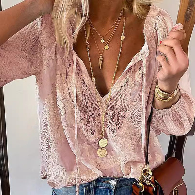 Blush Lace Peasant Blouse | Sheer Detail with Tie Neck | Romantic Boho Top