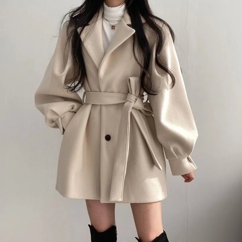 Chic Belted Wool Coat | Balloon Sleeves | Elegant Short Trench | Fall & Winter