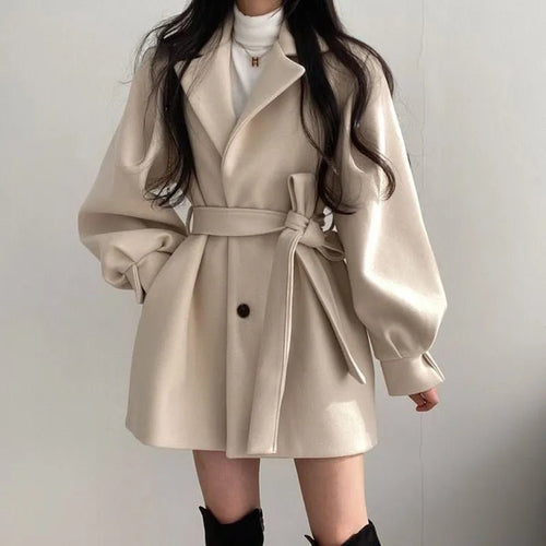 Chic Belted Wool Coat | Balloon Sleeves | Elegant Short Trench | Fall & Winter