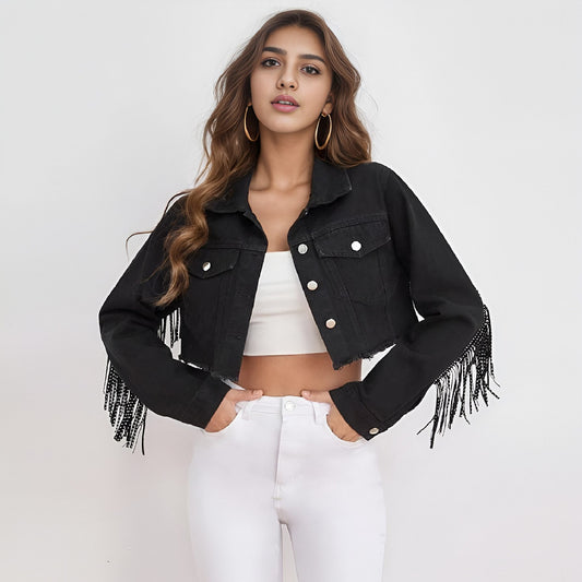 Cropped Fringe Denim Jacket | Edgy Western Style | Cotton Blend | Casual Outings