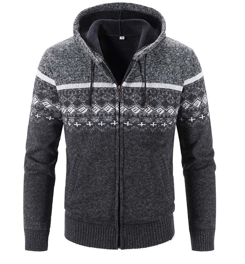 Men’s Zip-Front Knit Hoodie Jacket | Nordic Pattern | Casual Cold-Weather Layer