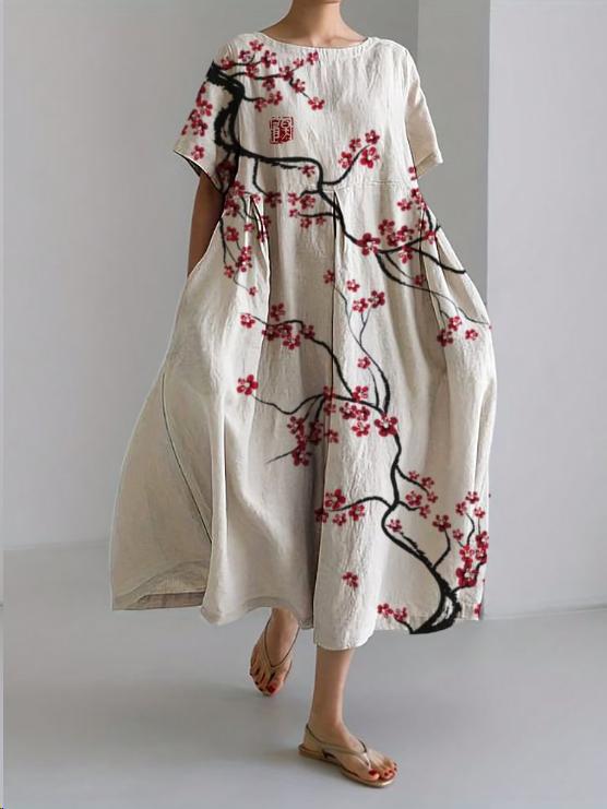 Relaxed Linen Maxi Dress | Painterly Print with Side Pockets