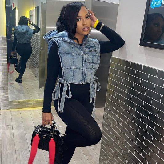 Cropped Denim Hooded Vest | Adjustable Side Ties | Cotton Blend | Streetwear Chic