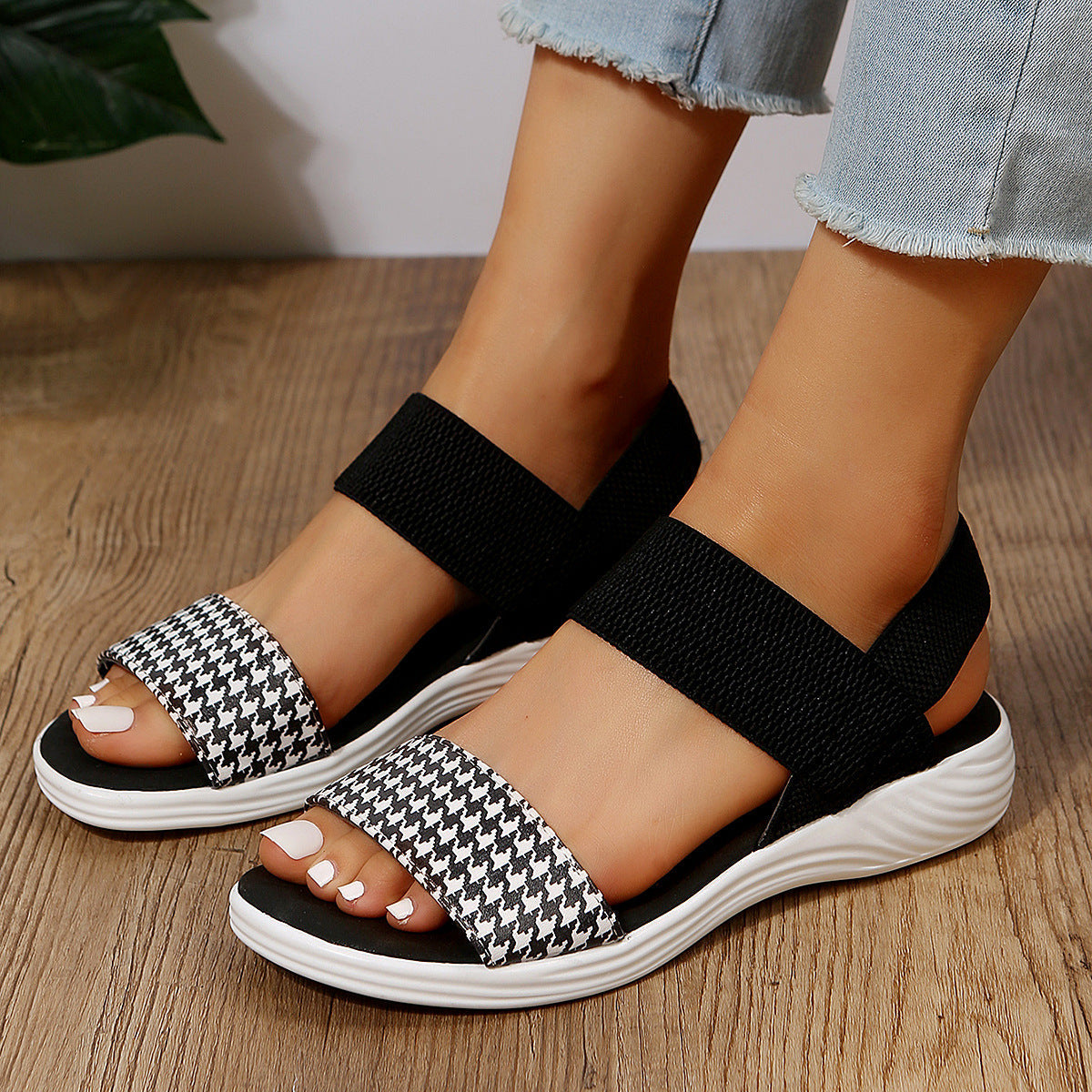Elastic Slingback Sandals | Cushioned Sole & Patterned Strap | Casual Walkable Design