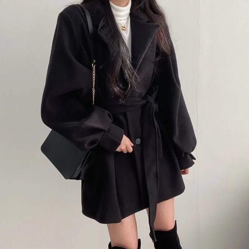 Chic Belted Wool Coat | Balloon Sleeves | Elegant Short Trench | Fall & Winter