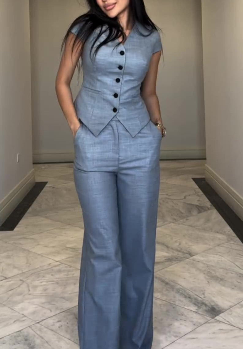 Tailored Pantsuit Set | Cap Sleeve Top & Wide-Leg Trousers | Sleek Office Fit